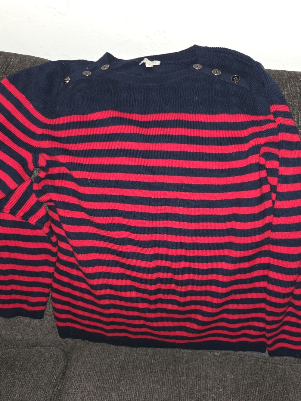 Talbots Navy and Red Striped Crewneck Sweater with Button-Trim. Cotton Blend.